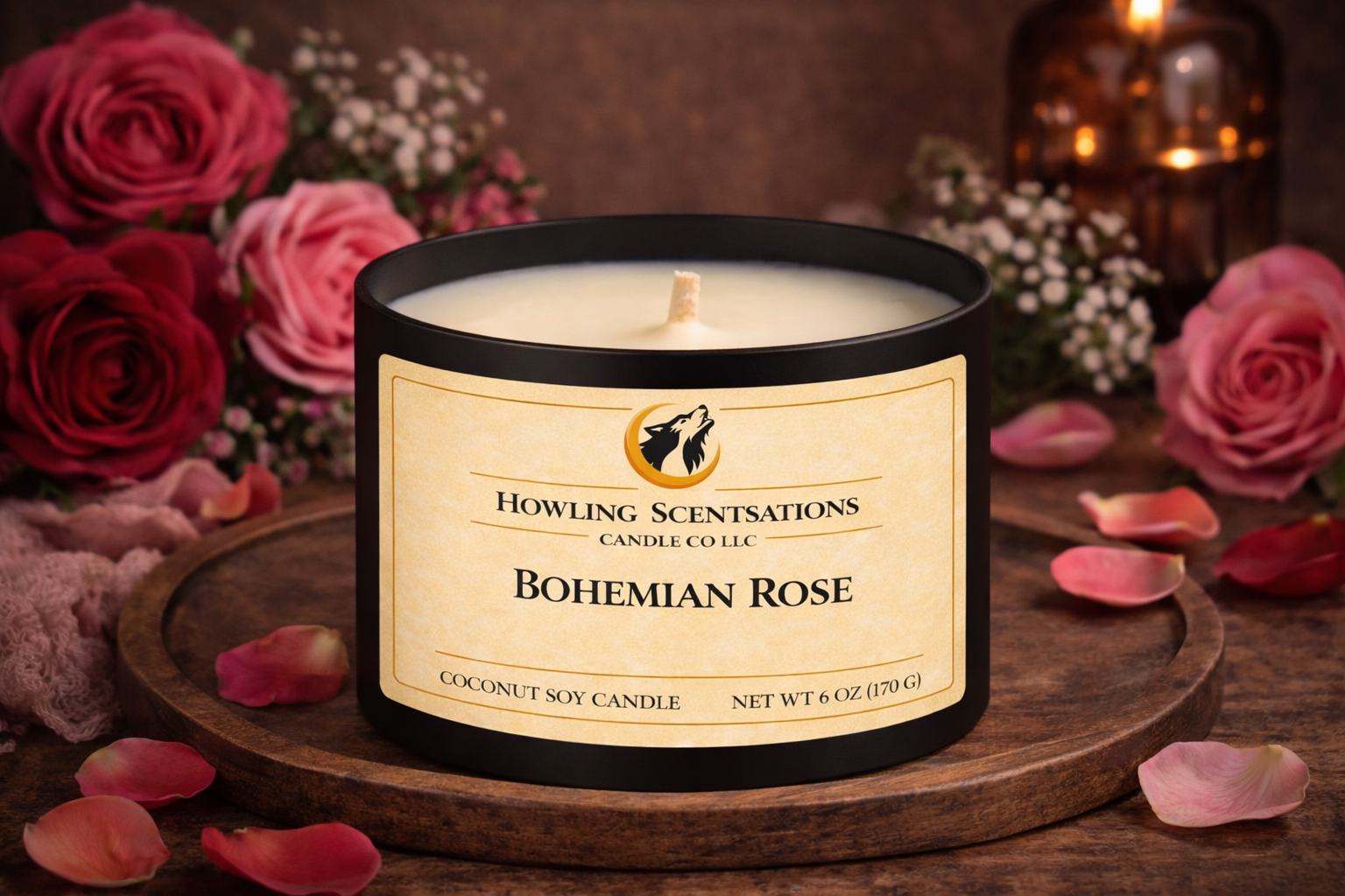 Moonveil Rose 6 oz Coconut Soy Candle - Fresh Rose & Citrus Rose Candle