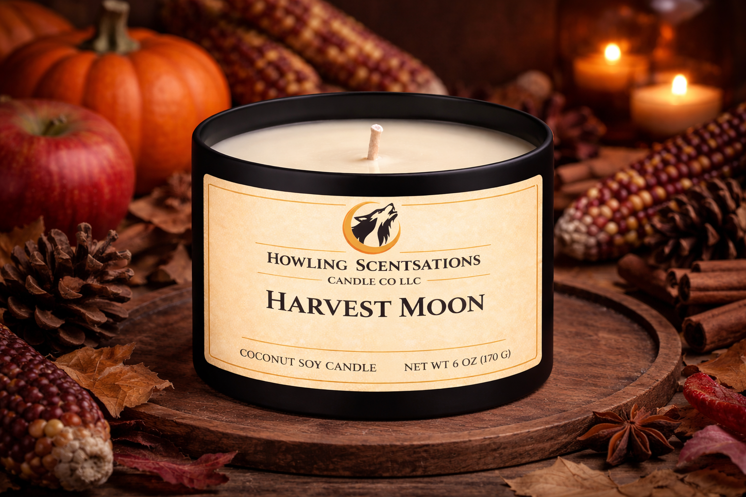 Harvest Moon Candle– 6 oz Coconut Soy Candle (Spiced Fruit & Warm Woods)