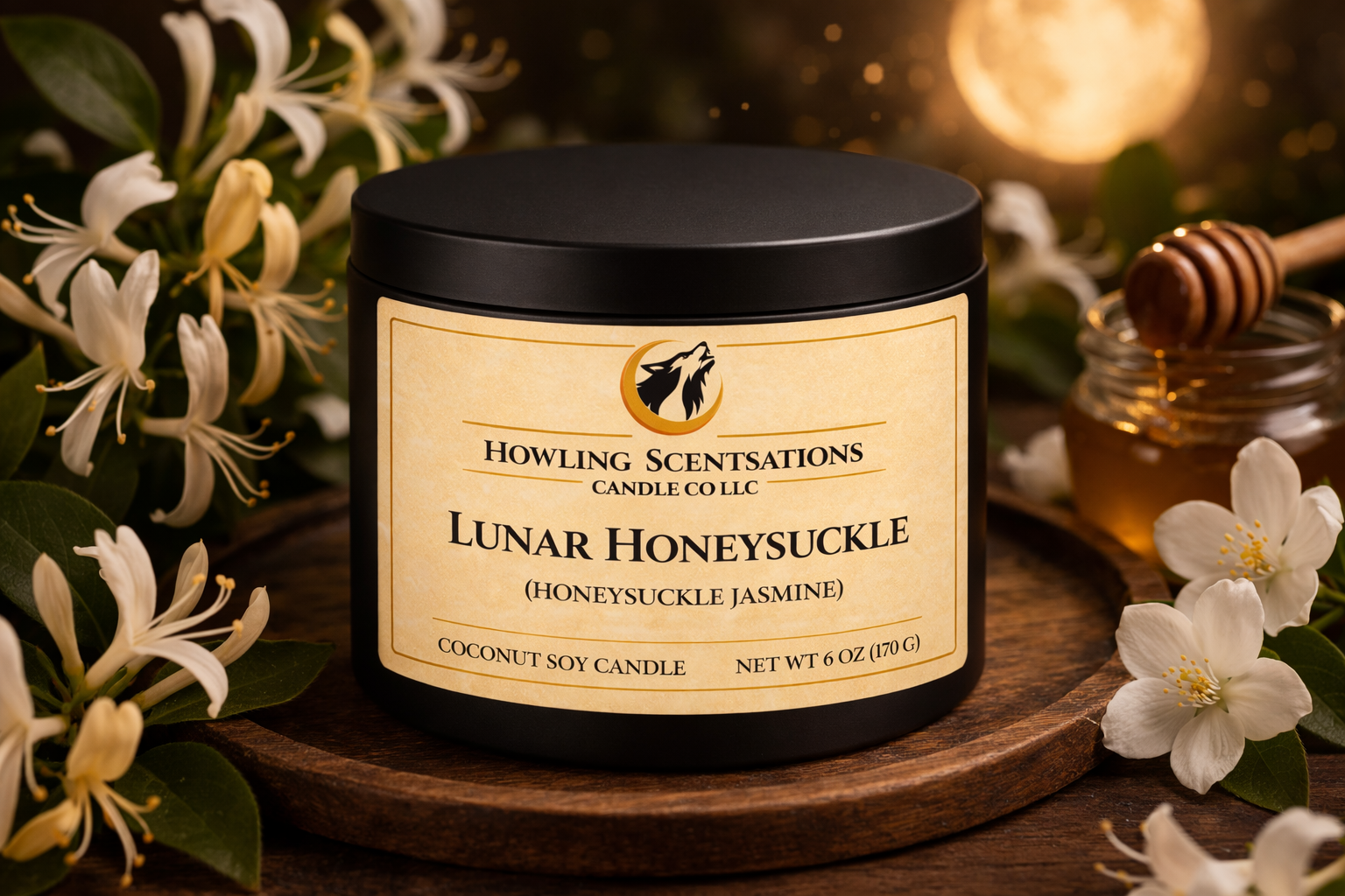 Lunar Honeysuckle – 6 oz Coconut Soy Candle (Honeysuckle & Jasmine Candle)