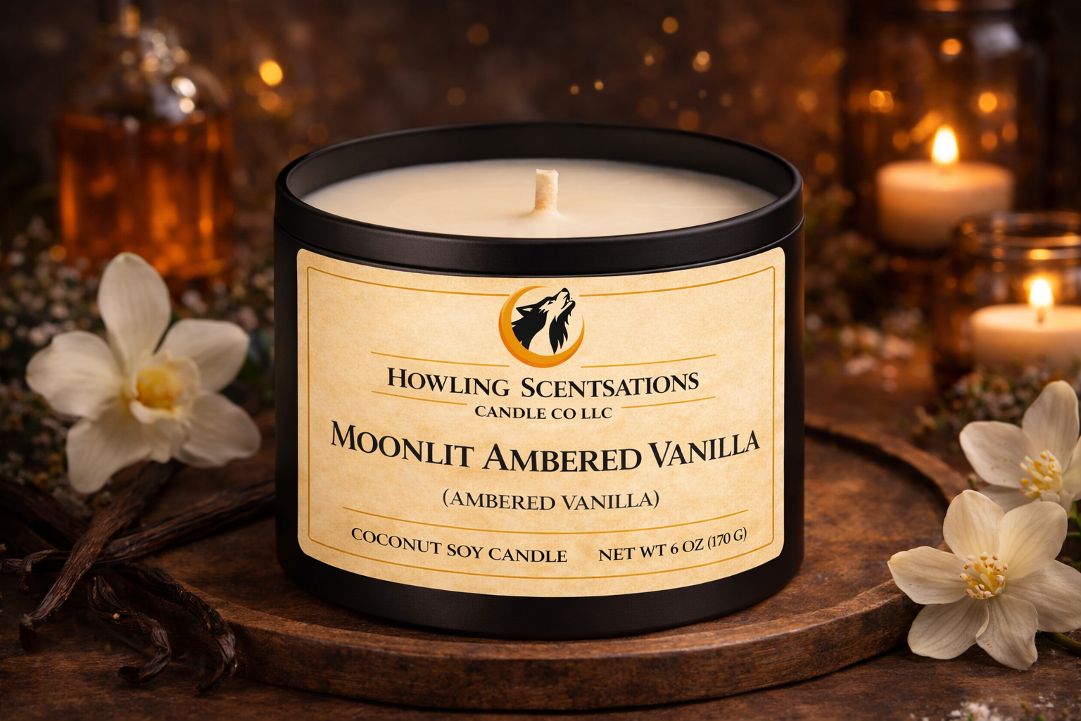 Moonlit Ambered Vanilla – 6 oz Coconut Soy Candle (Warm Vanilla & Amber)