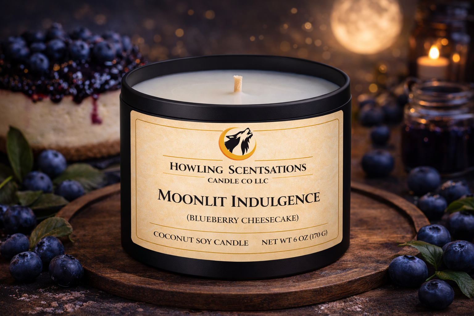 Moonlit Indulgence Blueberry Cheesecake Candle – 6 oz Coconut Soy Candle